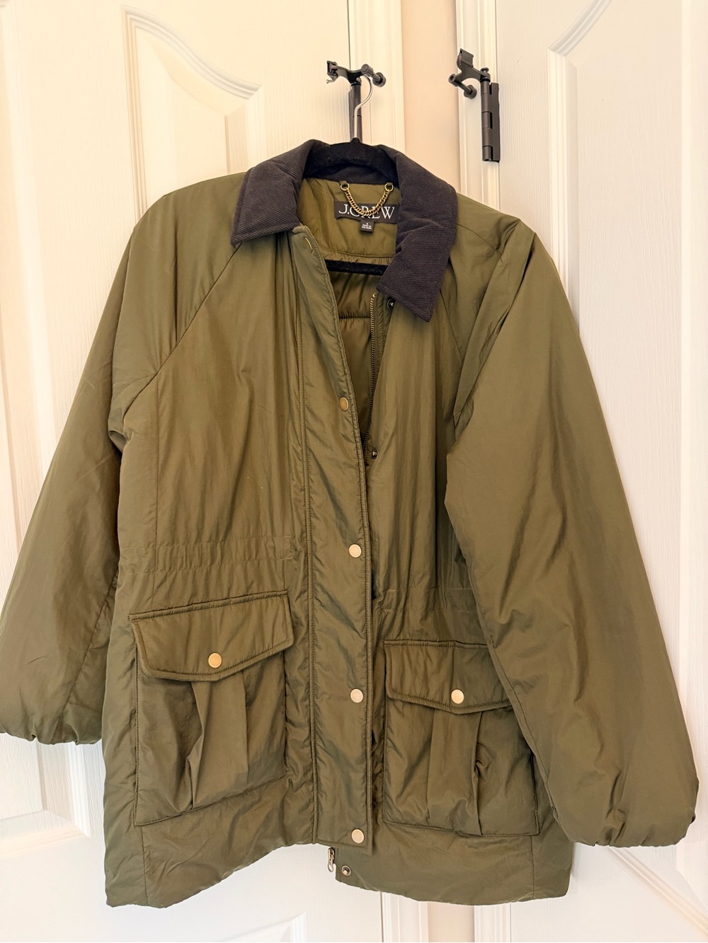 J. Crew Olive Green Puffer Parka with Contrast Corduroy Collar